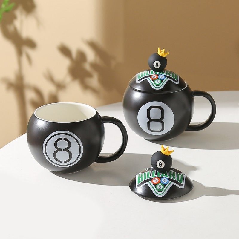 Billiard 8 Ball Ceramic Mug with Lid & Spoon – Gift Box Set WOODS CUES