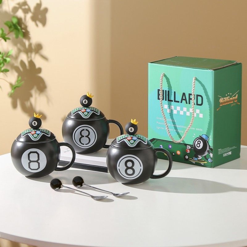 Billiard 8 Ball Ceramic Mug with Lid & Spoon – Gift Box Set WOODS CUES