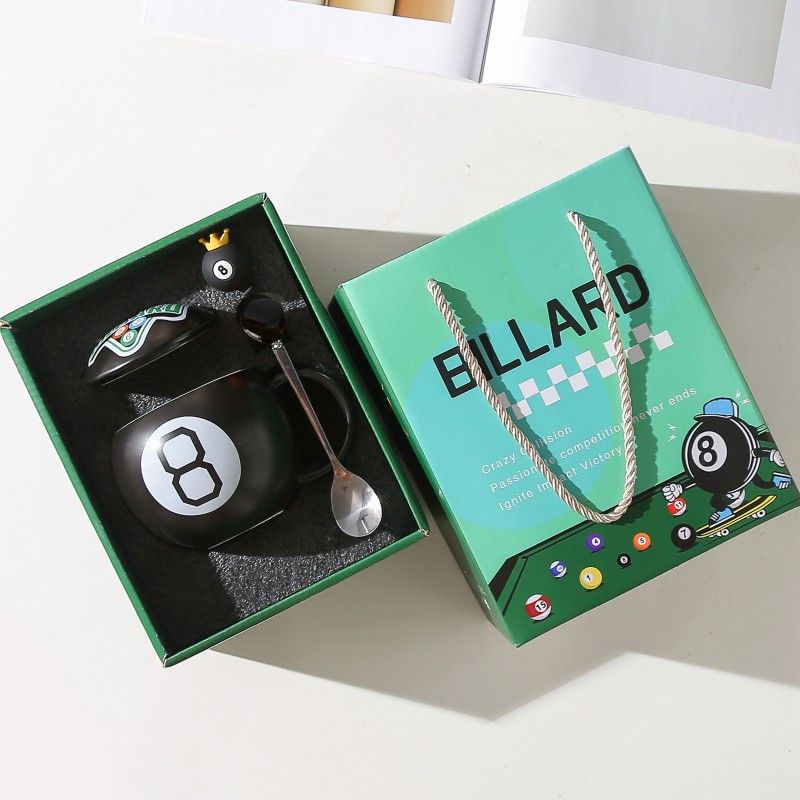 Billiard 8 Ball Ceramic Mug with Lid & Spoon – Gift Box Set WOODS CUES