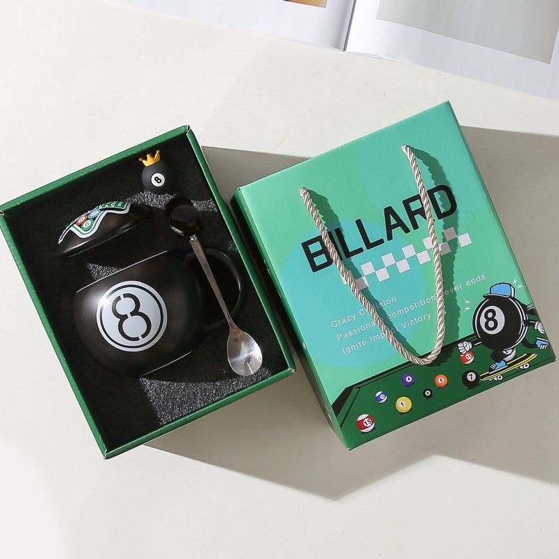 Billiard 8 Ball Ceramic Mug with Lid & Spoon – Gift Box Set WOODS CUES