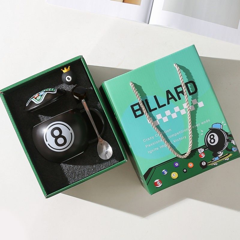 Billiard 8 Ball Ceramic Mug with Lid & Spoon – Gift Box Set WOODS CUES