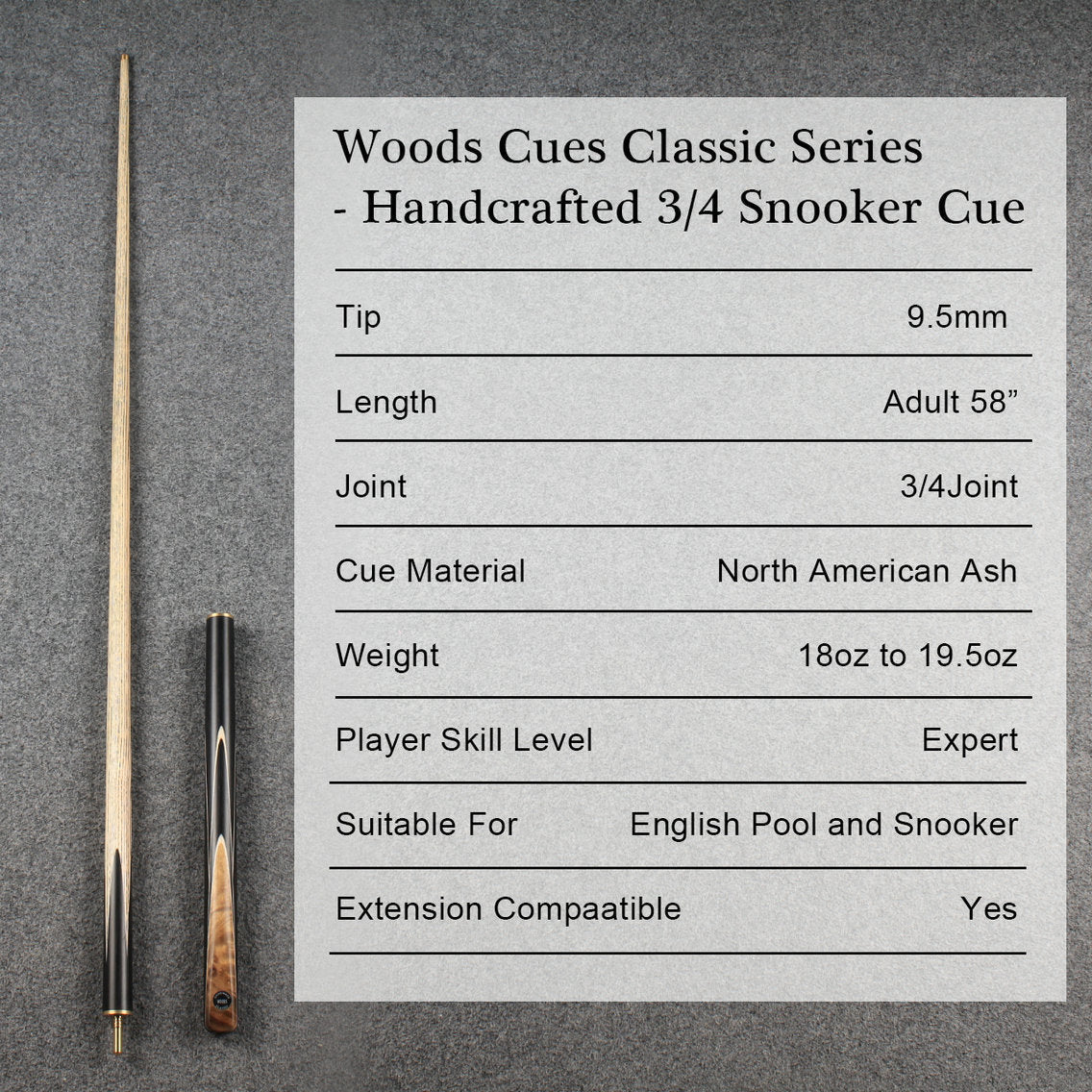 Woods Cues Classic Series — Handcrafted 3/4 Snooker Cue WOODS CUES