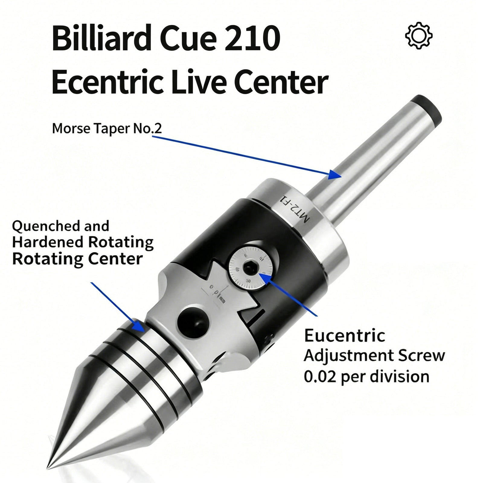 Eccentric Adjustable Live Center for Billiard Cue Lathe - MT2 Morse Taper, High Precision WOODS CUES