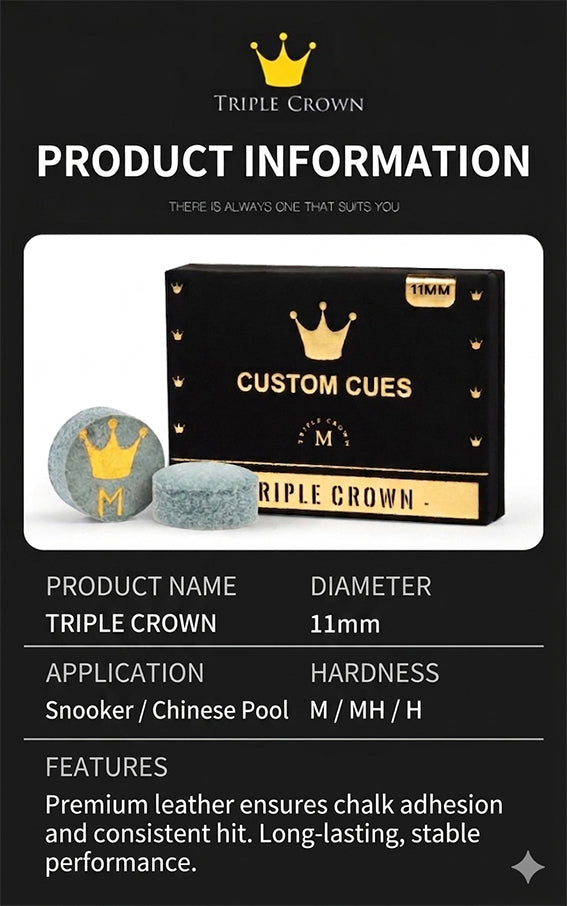 Triple Crown Series - CUSTOM CUES Premium Laminated Leather Cue Tip for Snooker & Pool (8-Ball) Triple Crown