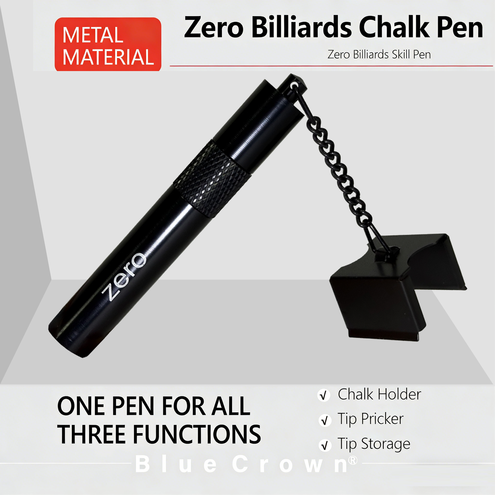 Billiards Skill Pen – 3-in-1 Metal Cue Tool (Chalk Holder + Tip Pricker + Tip Storage) Blue Crown