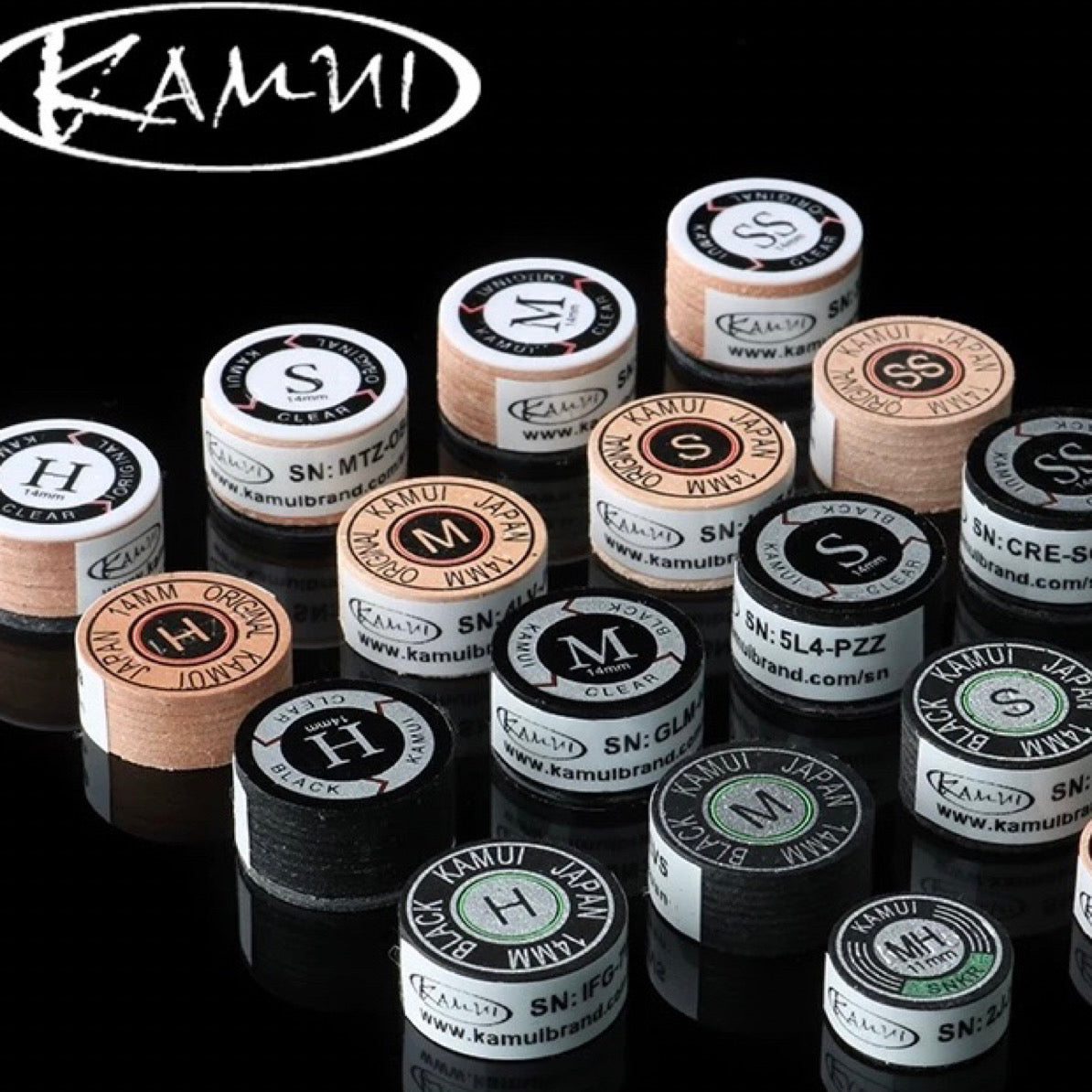 Kamui Black Yellow Leather Cue Tips 14mm SS M H Hardness WOODS CUES