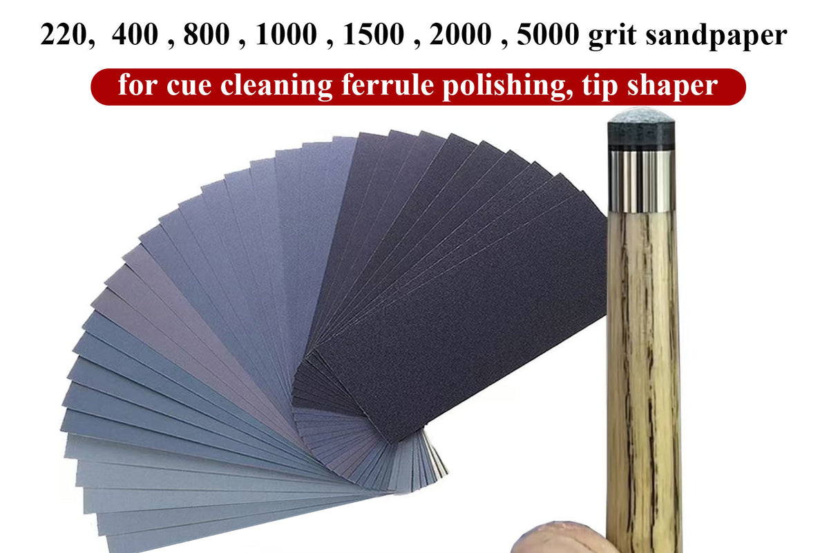220,400,800,1000,1500,2000,5000 grit sandpaper for cue cleaning ferrule polishing, tip shaper 230x93 mm WOODS CUES