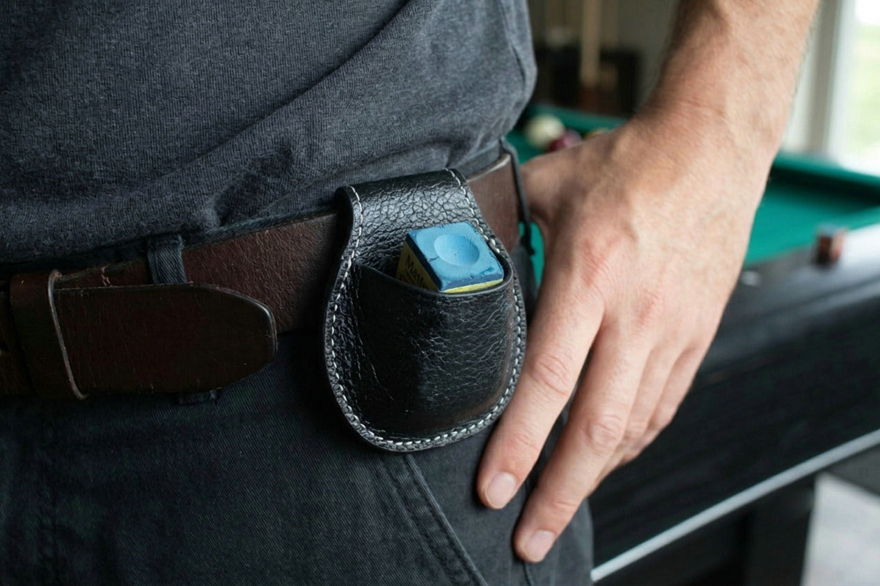 Universal Black Leather Chalk Holder with Belt Clip WOODS CUES
