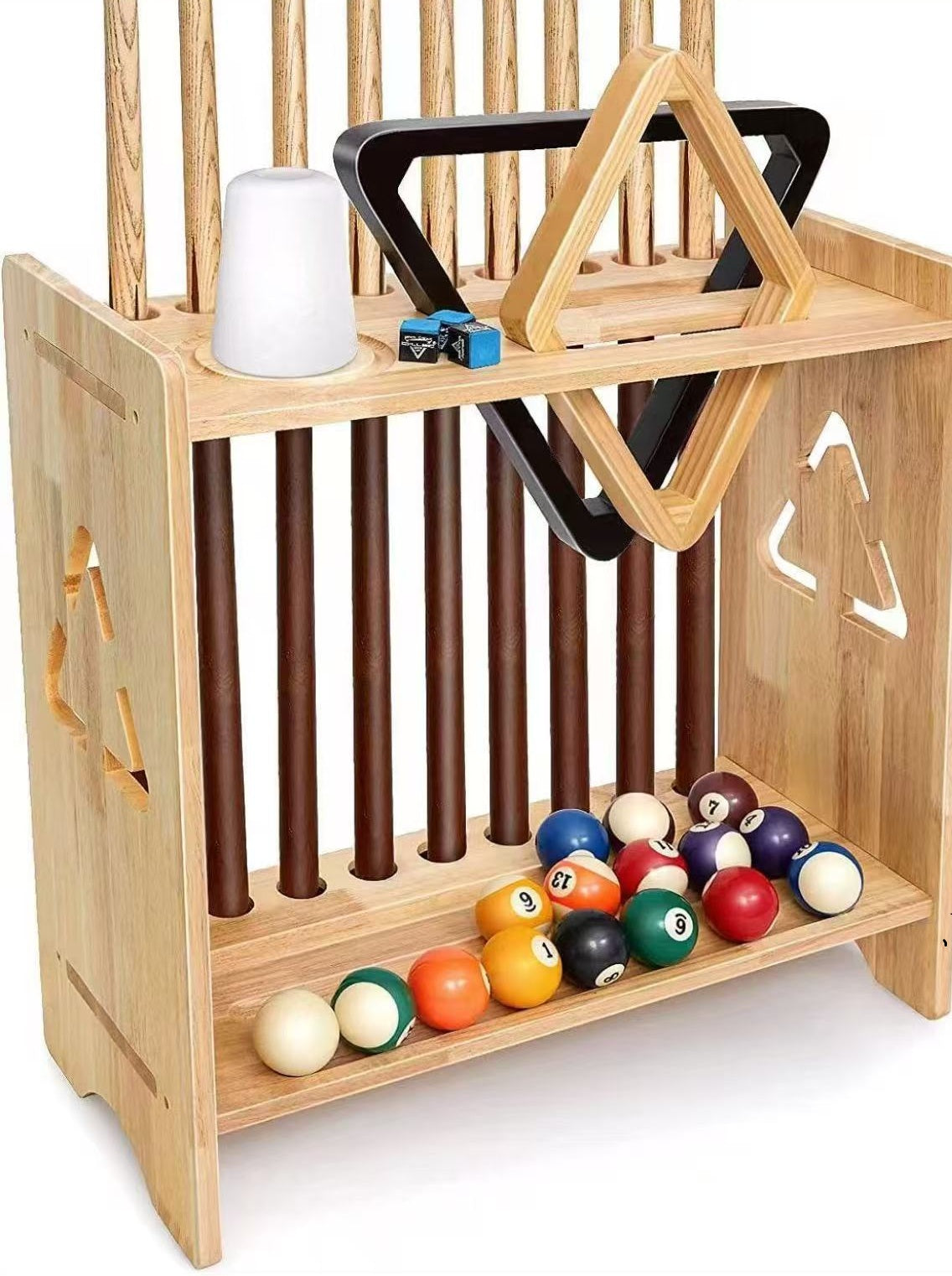 Soild Wood 9-Hole Cue Rack - Pool Table Accessory Holder for Balls/Cups/Racks/Scorers WOODS CUES