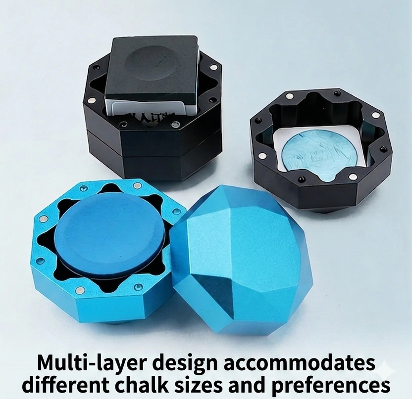 Aluminum Alloy Magnetic Chalk Holder - Round & Square  Octagonal Chalk Compatible, Adjustable Multi-Layer Octagonal WOODS CUES