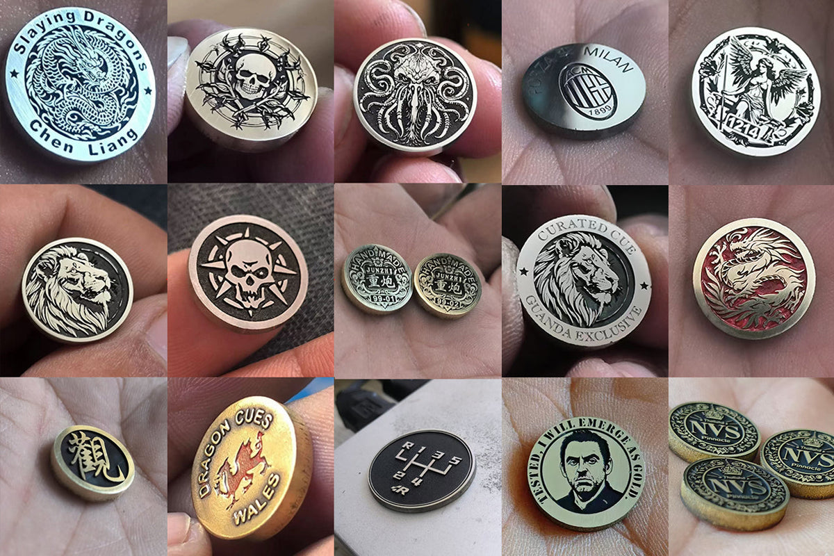 custom disc metal cue badge WOODS CUES