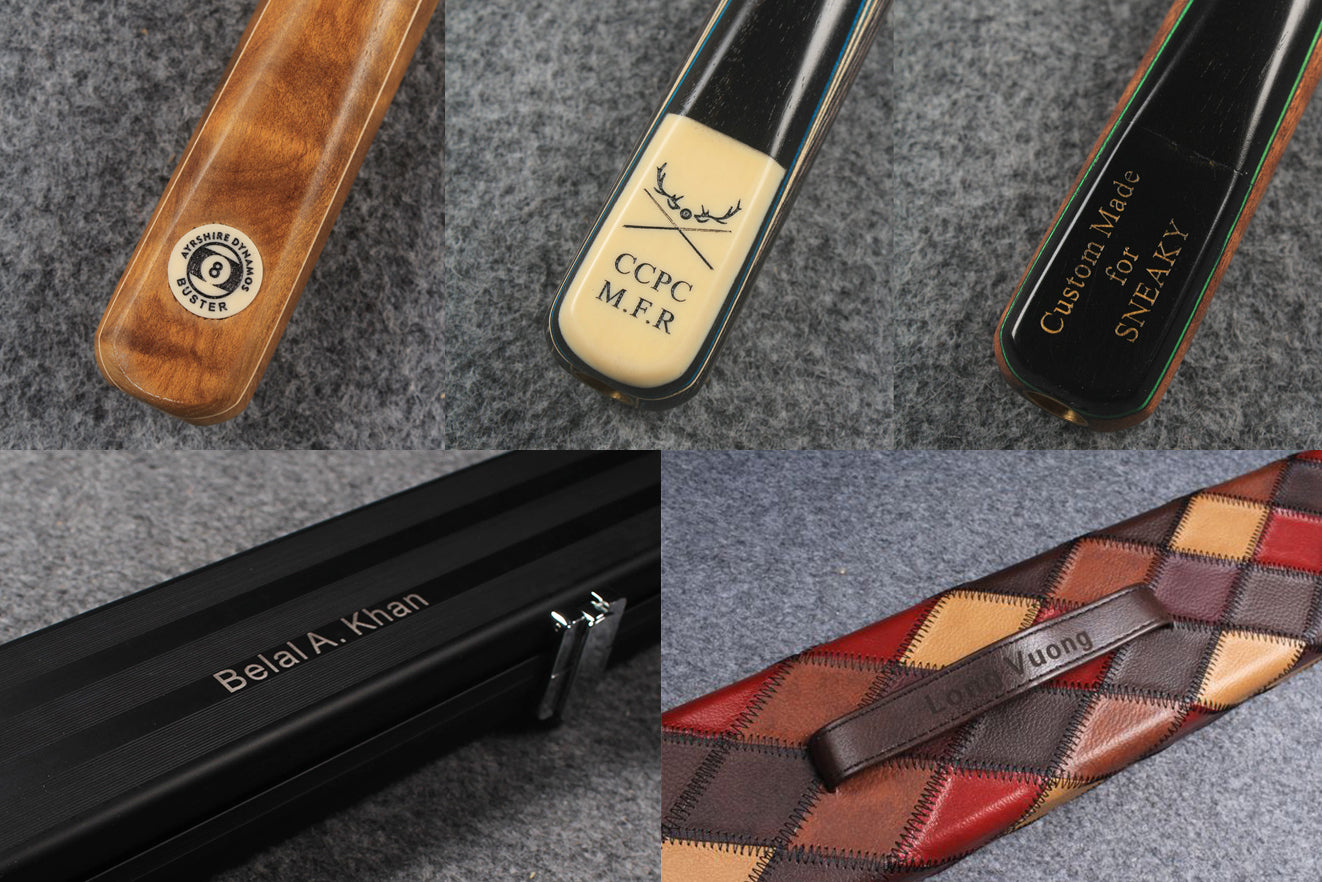 woods personalised cue / case - plate laser engraving printing service